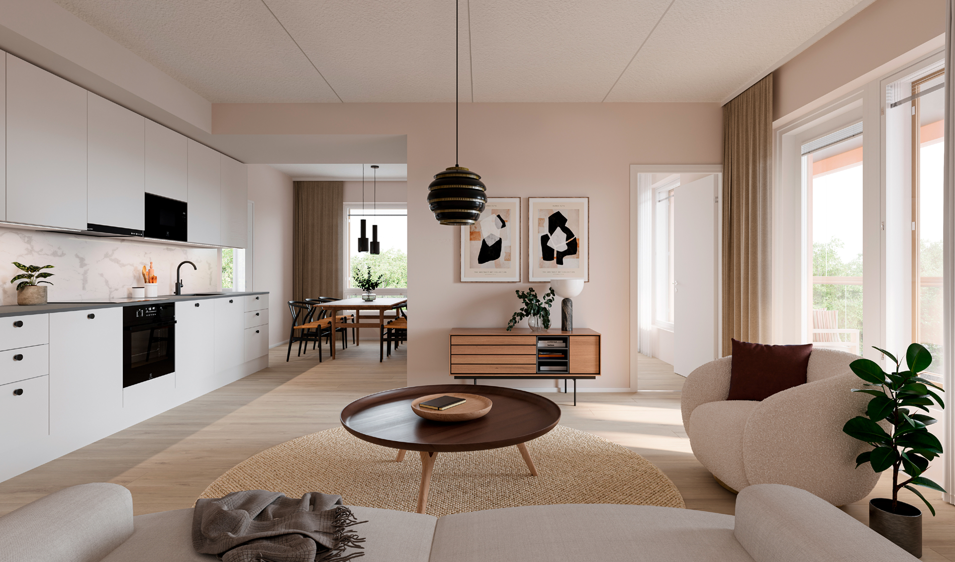 Visualization image, artist’s impression of the floor plan of a 58.5 m² apartment in Novelli, option 1.